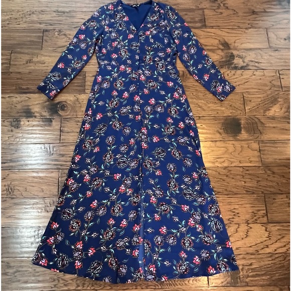 Express Maxi Dress Women's Small Blue Floral Long Roll Tab Sleeves Button Front - Picture 12 of 16